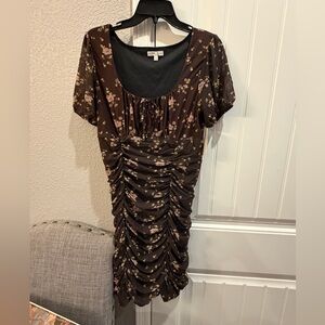 Socilly Stitch Brown Floral Ruched Scoop-Neck Midi Dress